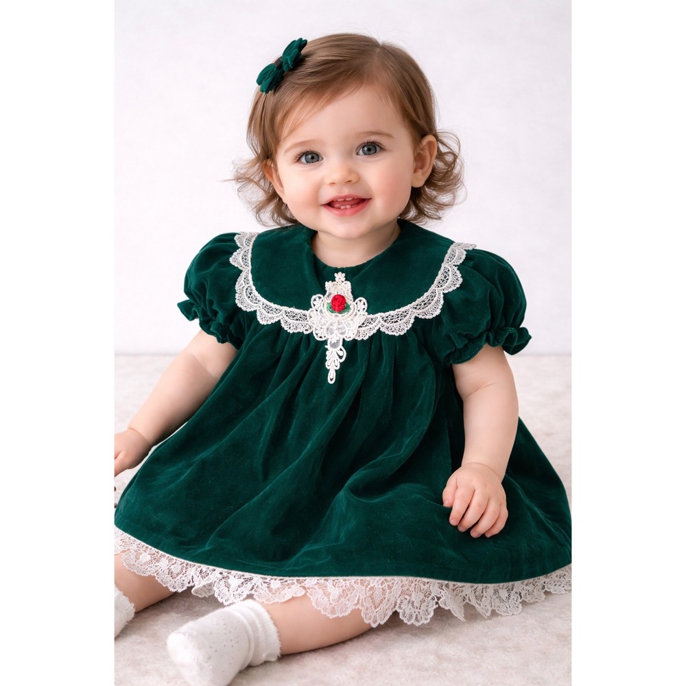 Jo Lene Velvet‎ Dress Baby Girl 12M Green Good Vintage Holiday Lace Coquette